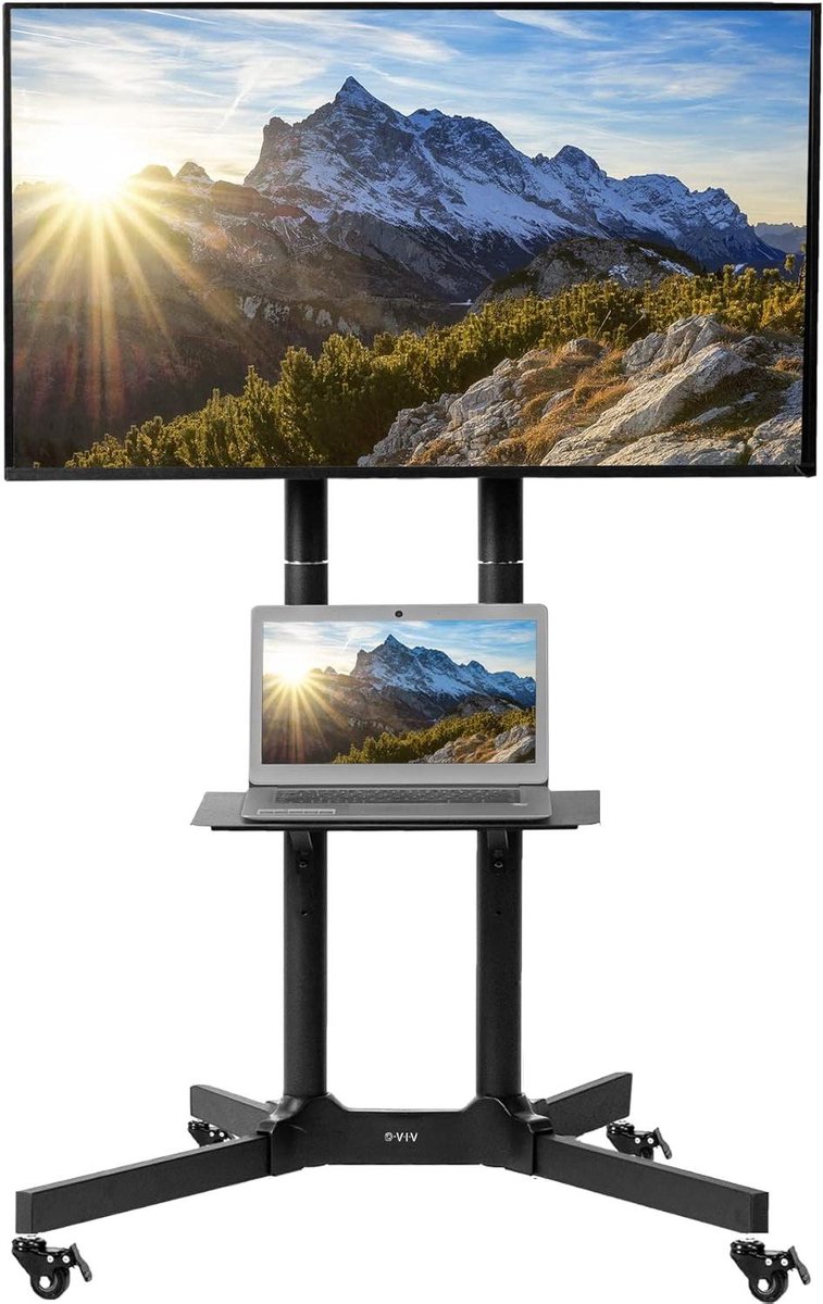 TV Cart for screens from 32 to 83 inch up to 50 kg LCD LED OLED 4K Smart Flat and Curved Panels Roll Stand with Laptop DVD Shelf Locking Wheels Max VESA 600x400 Black