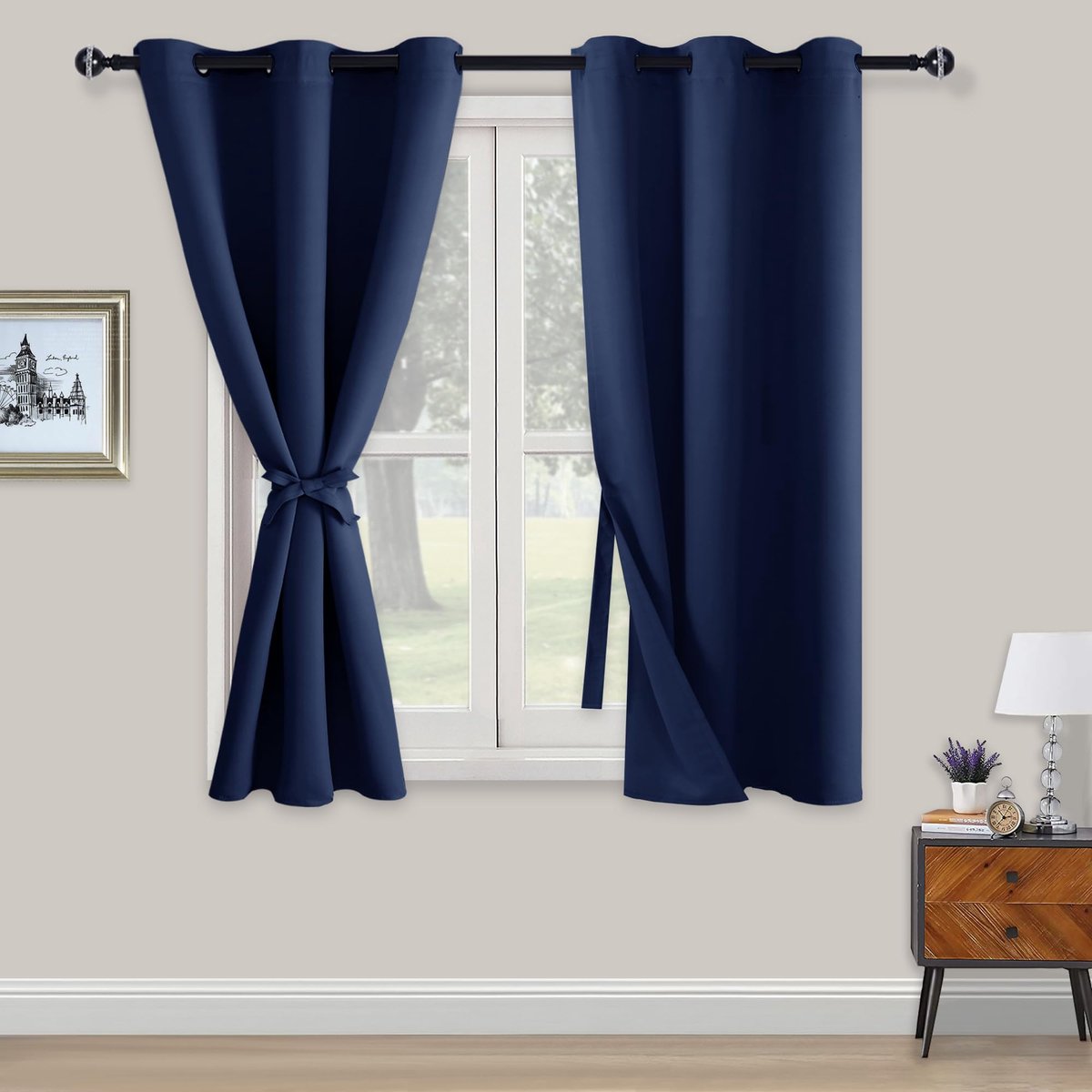 Ibenzoa Ondoorzichtige Verduisteringsgordijnen - 2 Stuks, 138x117cm, Donkerblauw met Inslagringen