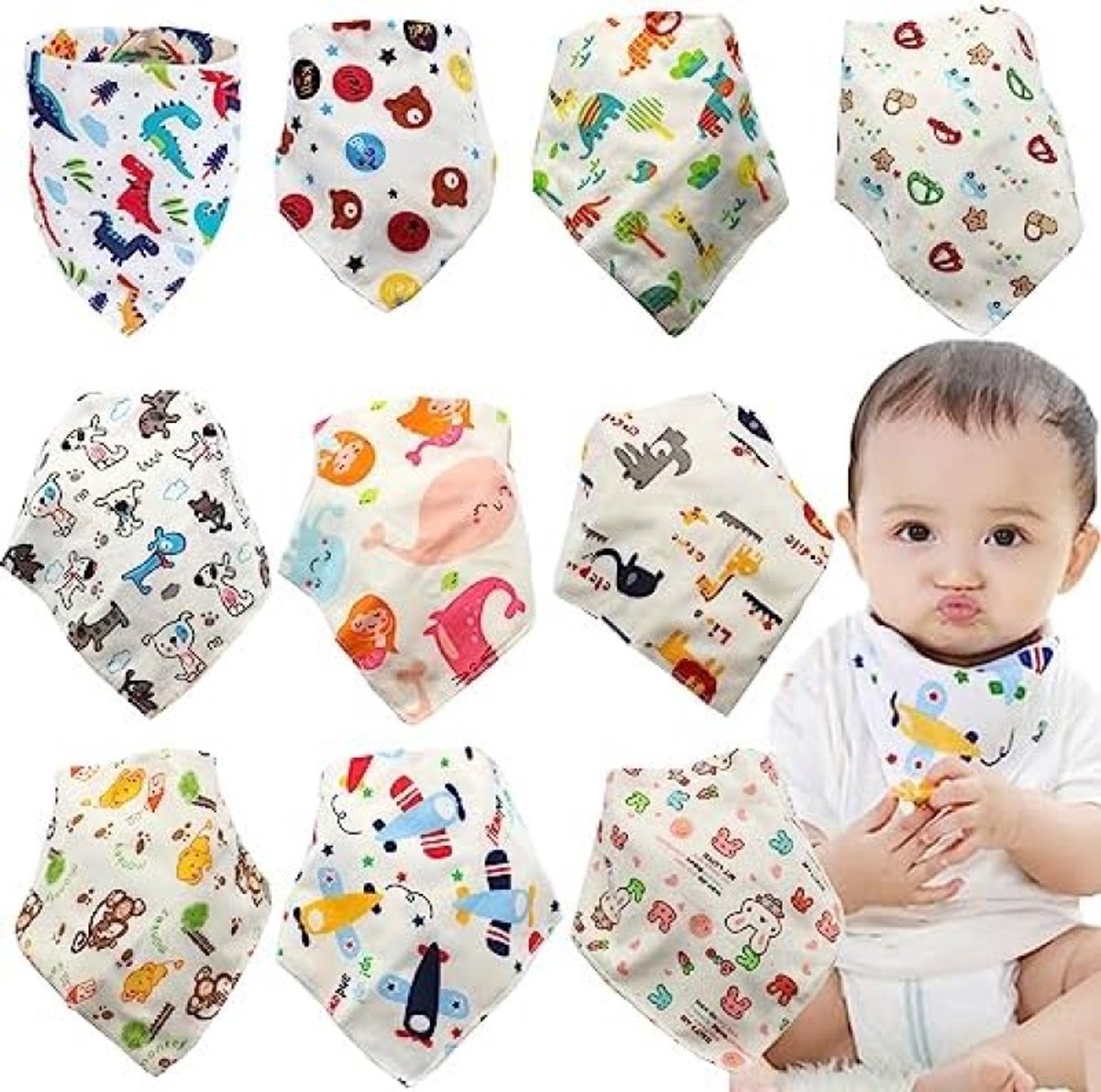 Image of 10 stuks driehoekige babyslabben, zachte en absorberende speekseldoekjes met verstelbare drukknopen, unisex design voor baby's en peuters