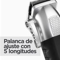 Zilveren tondeuse hendel met 5 instelbare lengtes. Tekst: Palanca de ajuste con 5 longitudes.