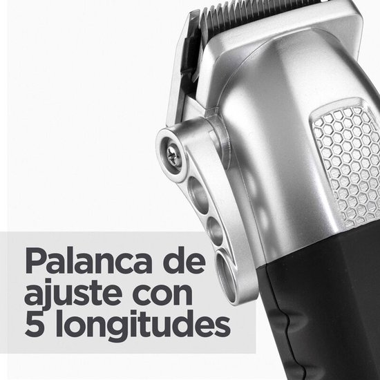 Zilveren tondeuse hendel met 5 instelbare lengtes. Tekst: Palanca de ajuste con 5 longitudes.