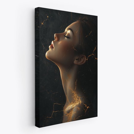 FineArtia - Gouden mysterieuze vrouwportret - Canvas Schilderij - 60 x 90 cm - Woonkamer Decoratie - Bruin;Zwart - Slaapkamer Schilderij - Wanddecoratie