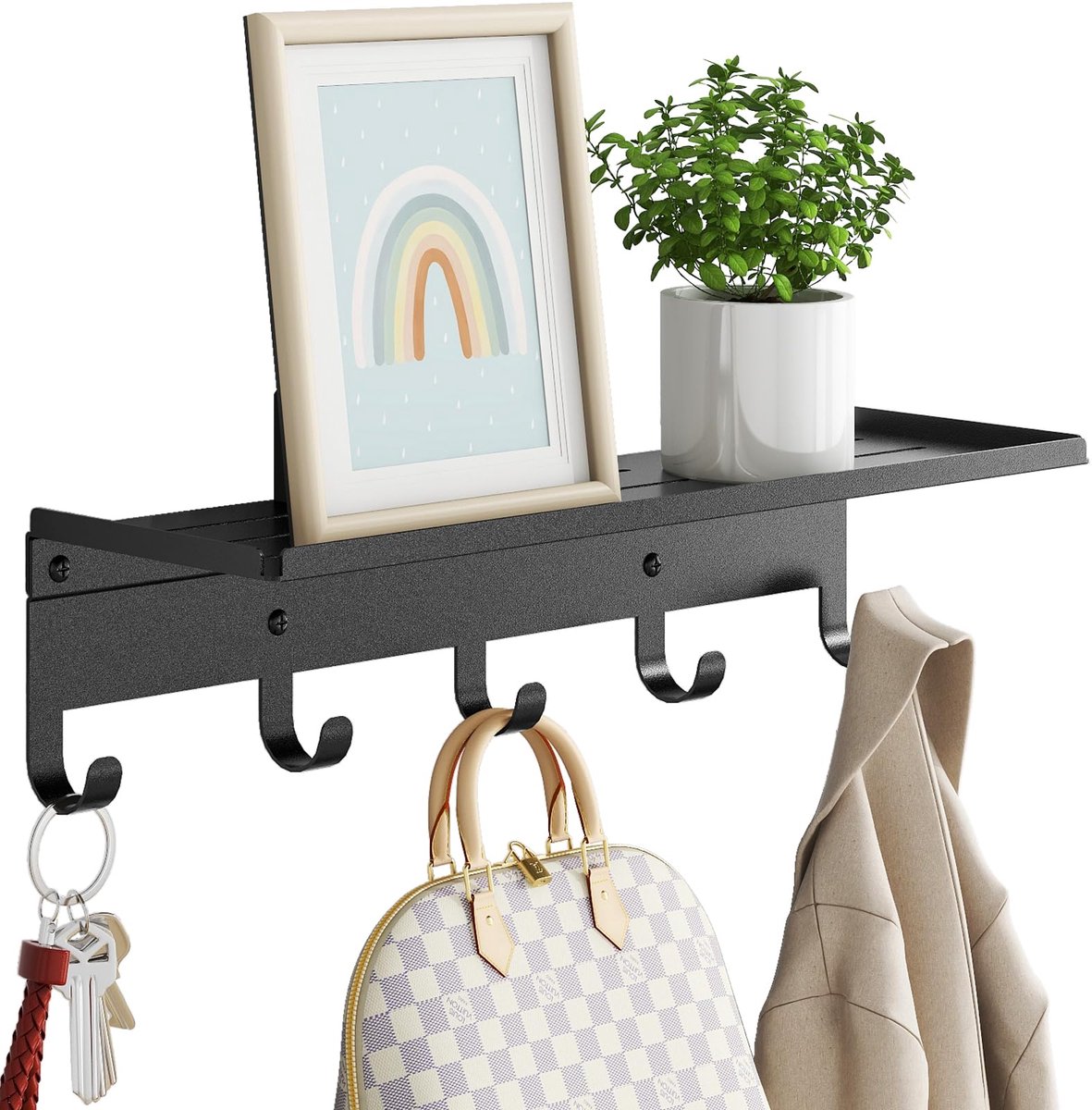 Ibenzoa Metalen Wandkapstok met Plank en 5 Haken voor Diverse Kamers Zwart