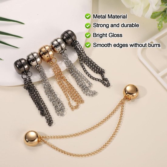 COYUN 6 stuks magnetische spelden voor kleding met ketting, magneetclips, multifunctioneel, magnetische broche, sterke hals, magnetische knopen voor broeken jeans, brede zoom voor bevestiging van