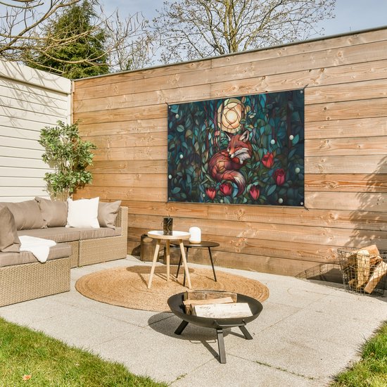 Tuinposter 120x80 cm - Tuindecoratie Vos - Mozaïek - Bos - Maan - Poster voor in de tuin - Buiten decoratie - Schutting tuinschilderij - Tuindoek muurdecoratie - Wanddecoratie balkondoek