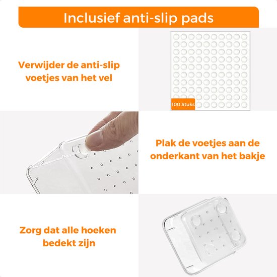 Instructies voor het aanbrengen van anti-slip voetjes op lade organizers.