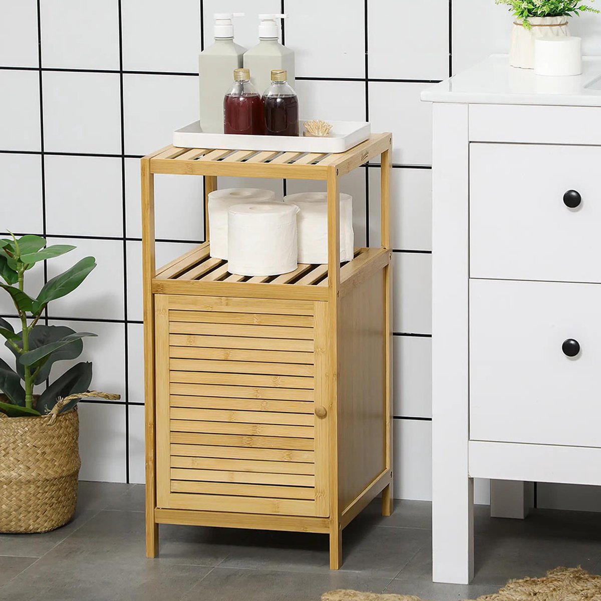 Gutent Badkamerkast-Badkamerplank-Bamboe-1 Niveau-1 Deur-33 cm x 36,5 cm x 67 cm-Natuurlijk