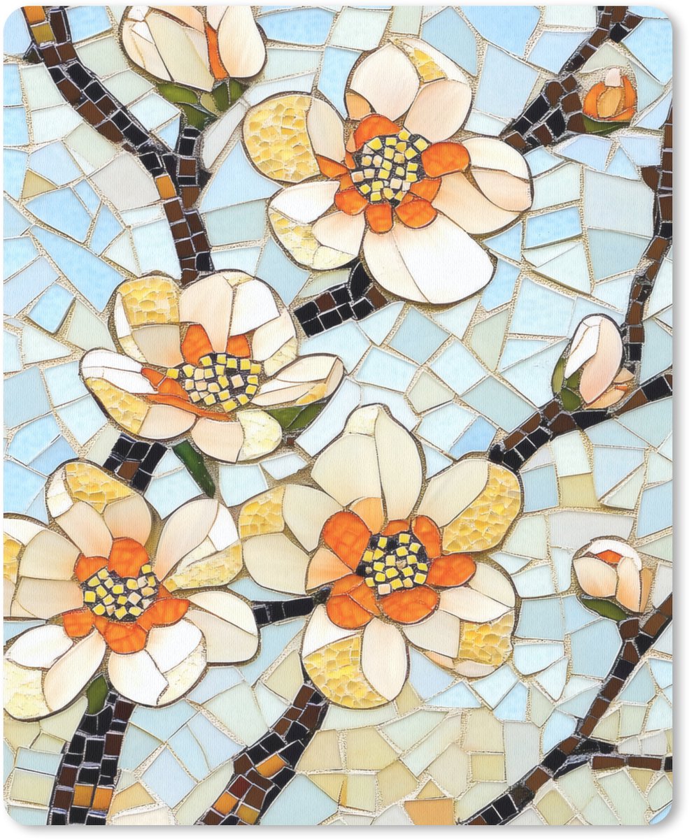 Muismat 19x23 cm - Mousepad Bloesems - Wit - Mozaïek - Tak - Muismatten