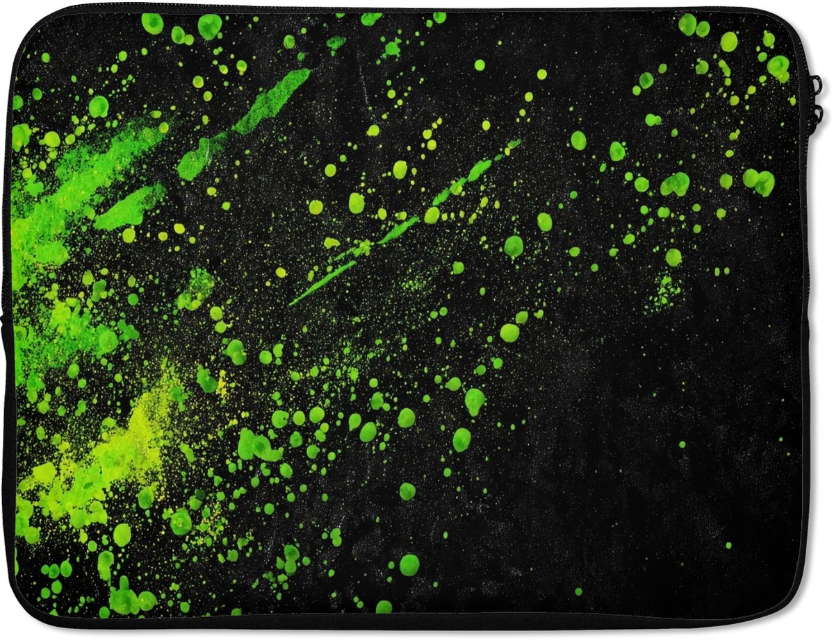 Laptophoes 17 inch - Gaming - Spetters - Groen - Chaotisch - Groen - Laptop sleeve - Binnenmaat 41x28 cm - Zwarte achterkant
