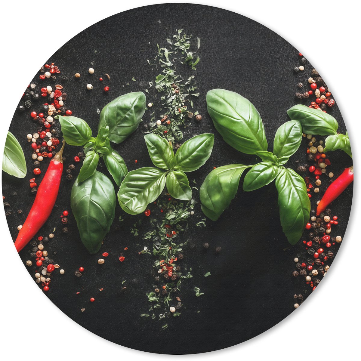 Muismat rond 40x40 cm - Mousepad Chilipepers - Basilicum - Blaadjes - Rood - Ronde muismatten