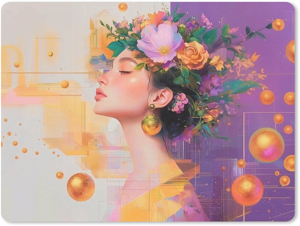 Muismat 23x19 cm - Mousepad Abstract - Vrouw - Bloemenkroon - Goud - Muismatten