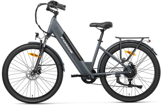 Vélo électrique Foride Roamer 1 ST à entrée basse, moteur 250 W, batterie 36 V 13 Ah , pneus 27,5 pouces, vitesse maximale 25 km/h, autonomie maximale 100 km, freins à disque, suspension avec blocage, Shimano 7 vitesses - Grijs