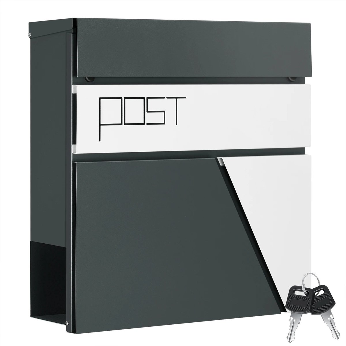 Mila Shop Brievenbus - Wandbrievenbus - Waterdicht - Elegante brievenbus - Apart krantencompartiment - Met slot en 2 sleutels - Zwart/wit - 37x37x10,5cm