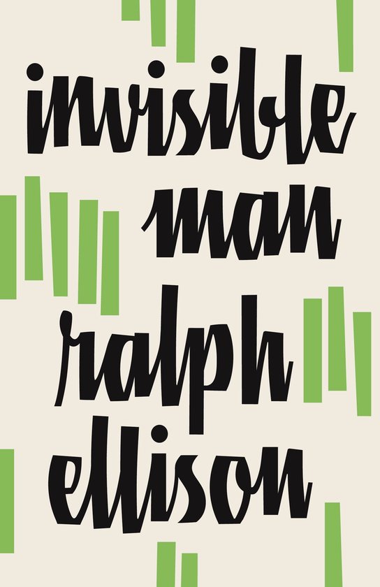 Boekcover met de titel 'Invisible Man' en auteur 'Ralph Ellison' in zwarte letters.