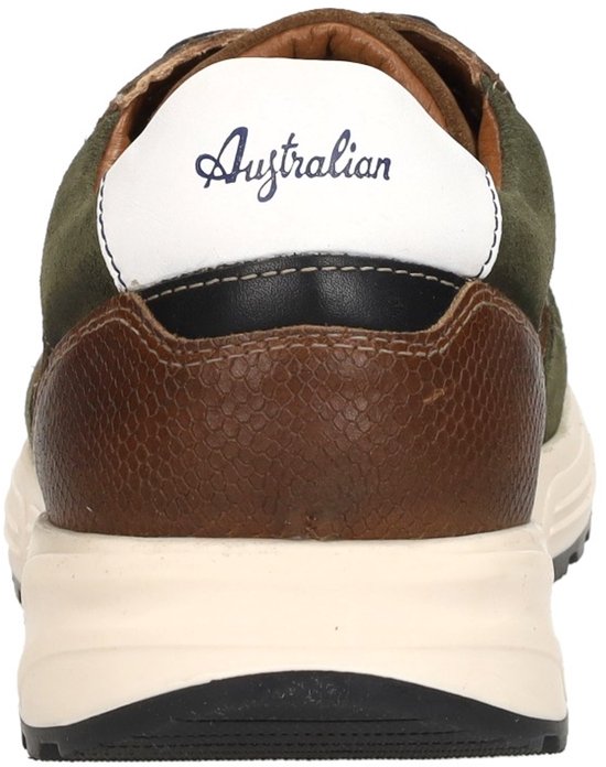 Achterkant van groene leren lage veter schoen met bruine reptielenprint hiel en 'Australian' logo