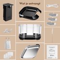 Onderdelen van de zwarte waterfontein: pomp, bak, waterreservoir, filters, USB-kabel, adapter en borstel.