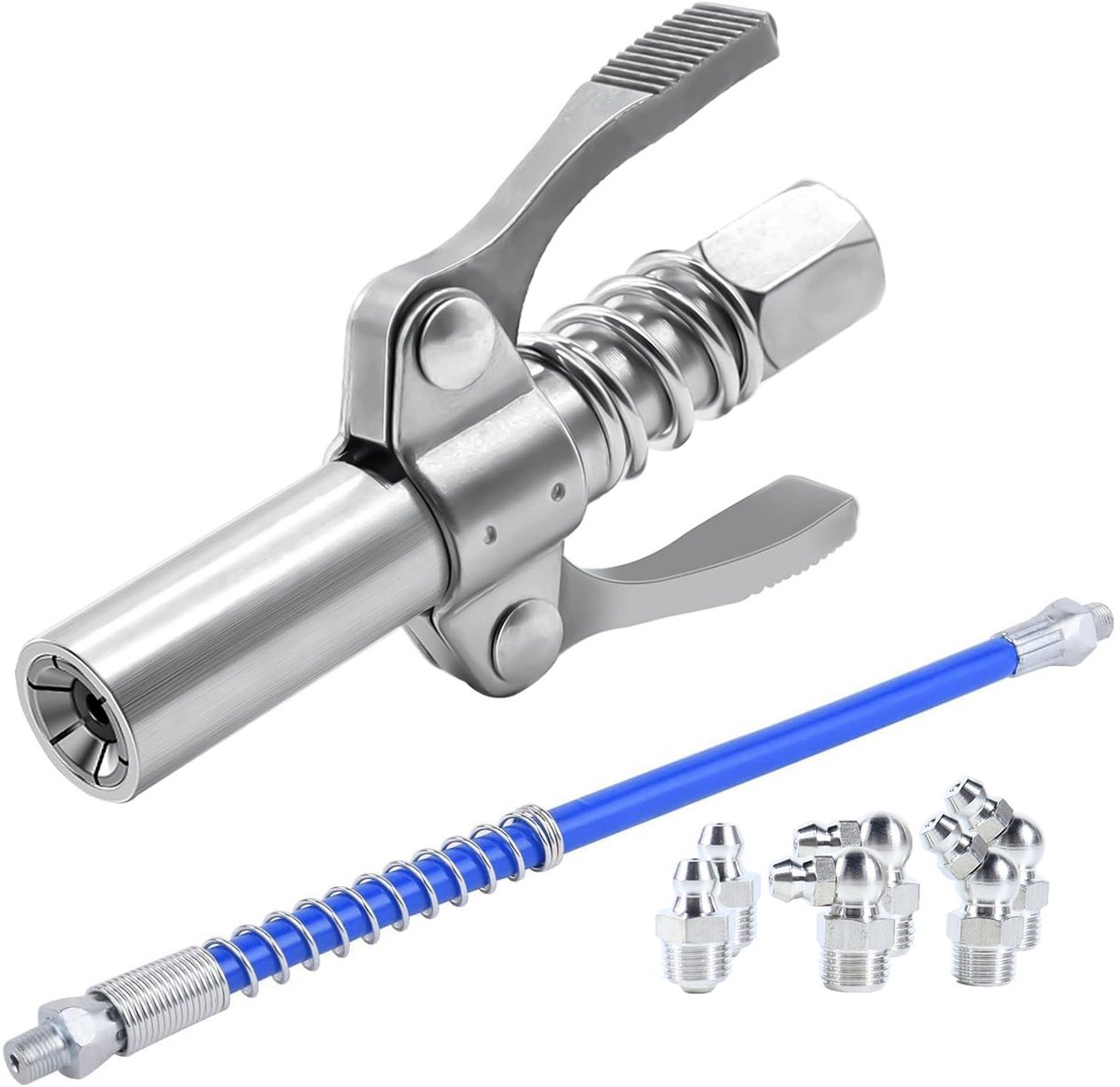 Vetspuitconnector - Snelontgrendeling - Vetnippel-eindconnector, dubbele handgreep + 30 cm slang + 6 * M10 vetnippels - voor vetspuit 1/8 inch NPT-connector, 8 stuks