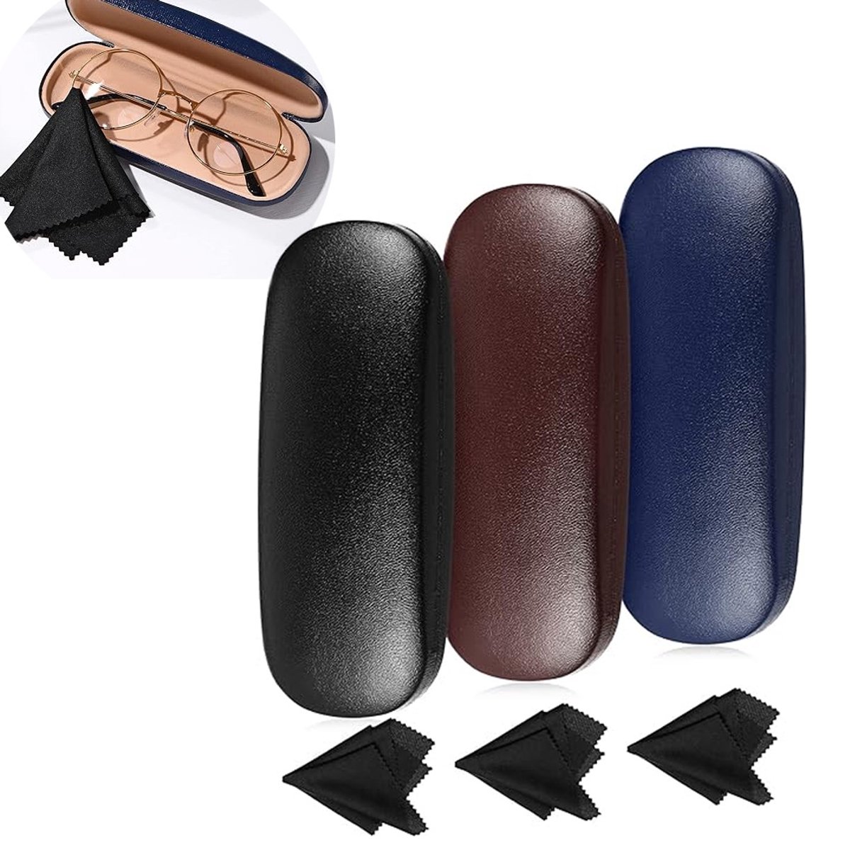 3 stuks Brillenkoker - Brillendoos - Stijlvolle brillenkoker - Brillenetui - Brillenhoes - Hard Case - Krasbestendige - Harde Schaal - Draagbaar - 160*60*38mm - Blauw+Zwart+Bruin - brillendoos dames heren