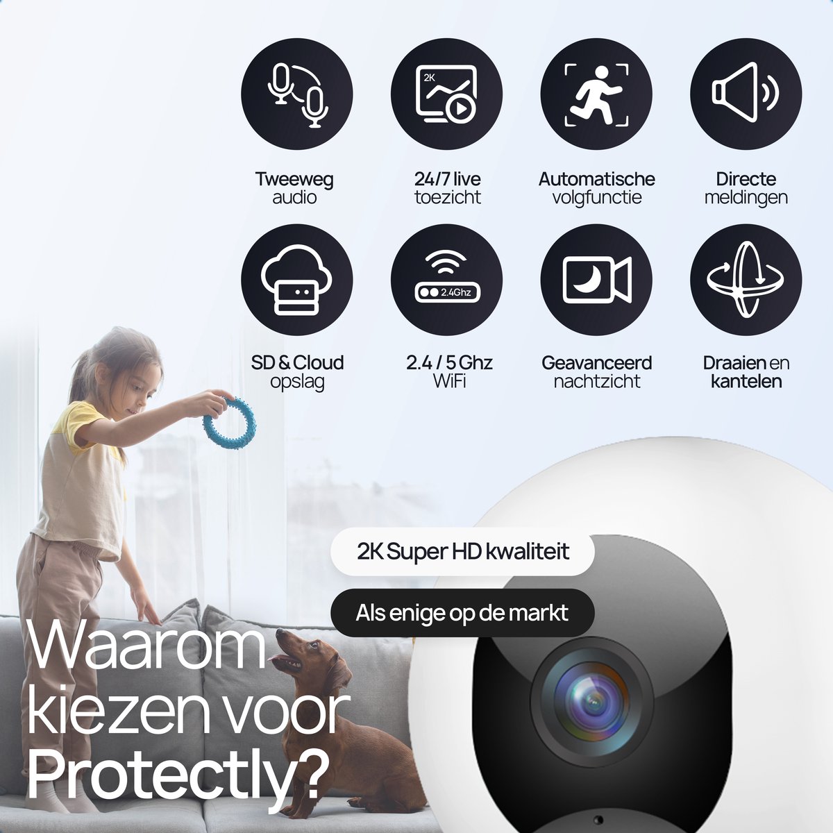 Afbeelding 2 van Protectly® Beveiligingscamera binnen - 2K 3MP Ultra HD – Beveiligingscamera’s – Huisdiercamera - Met WiFi APP - Volgt beweging en geluidsdetectie - Incl. 64GB SD - 2.4/5 GHz - Geen abonnementskosten - Wit