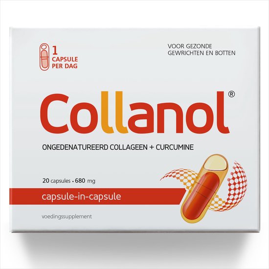 Collanol - innovatie in de zorg voor gezonde gewrichten. Vloeibare formule in een dubbele capsule. 3D collageen + micellaire curcumine. 1 capsule/dag. Laboratorium getest - 20 Capsules