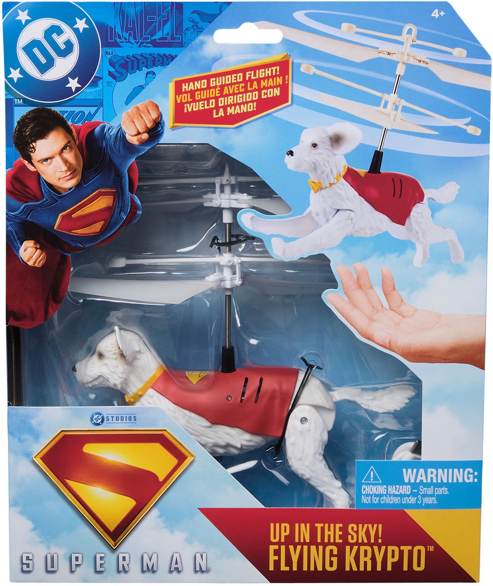 DC Comics, Superman Up in the Sky! Flying Krypto, op afstand bestuurbaar speelgoed, 19 cm grote zwevende superhond