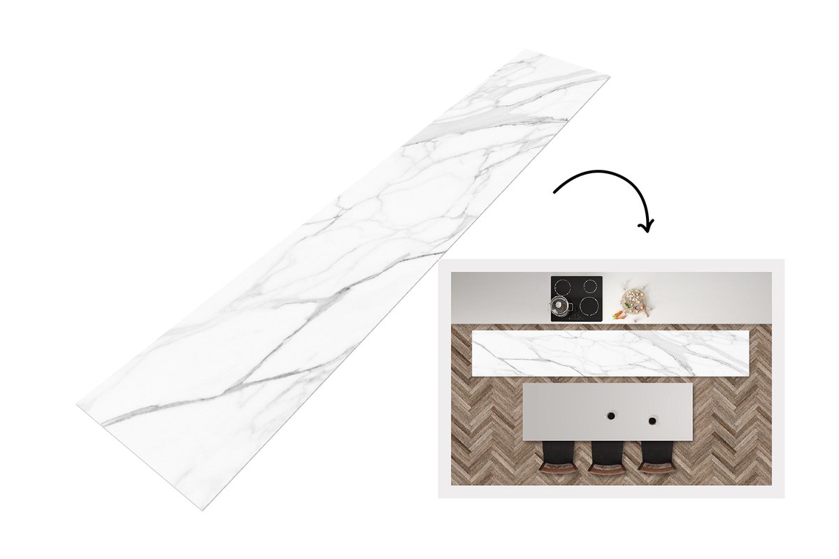 KitchenYeah Keukenloper 360x60 cm - Keukenmat vinyl Marmer - Wit - Lijn - Patronen - Luxe - Marmerlook - Keukenmatten loper - Keuken vloerkleed tapijt Marmer - Lijnen
