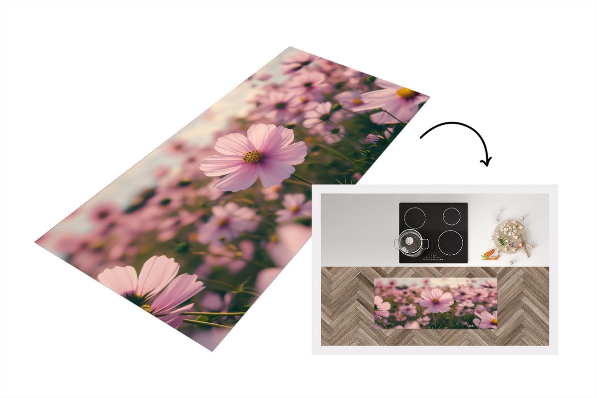 KitchenYeah Keukenloper 120x50 cm - Keukenmat vinyl Bloemen - Paars - Wazig - Keukenmatten loper - Keuken vloerkleed tapijt
