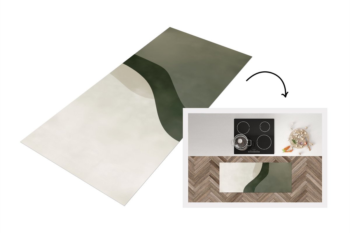KitchenYeah Keukenloper 120x50 cm - Keukenmat vinyl Japandi - Groen - Abstract - Modern - Keukenmatten loper - Keuken vloerkleed tapijt Lijn
