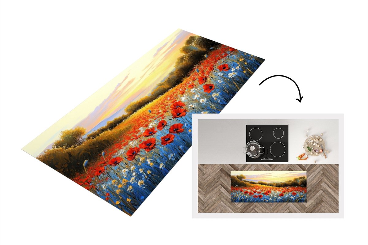 KitchenYeah Keukenloper 120x50 cm - Keukenmat vinyl Klaproos - Bloemenveld - Kleurrijk - Keukenmatten loper - Keuken vloerkleed tapijt Klaprozen - Bloemenveld