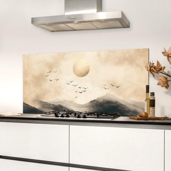 Crédence de Cuisinière en Aluminium 100x50 cm - Paysage - Japandi - oiseau - Écran Pare-éclaboussures pour Plaque de Cuisson - Protection Murale
