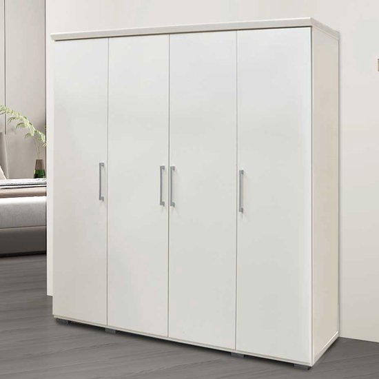 Armoire Nikkie | 183x160x52cm | 4 portes | blanc - Rousseau - Armoires de chambre à coucher - Blanc - Panneaux de particules - Armoires de chambre à coucher