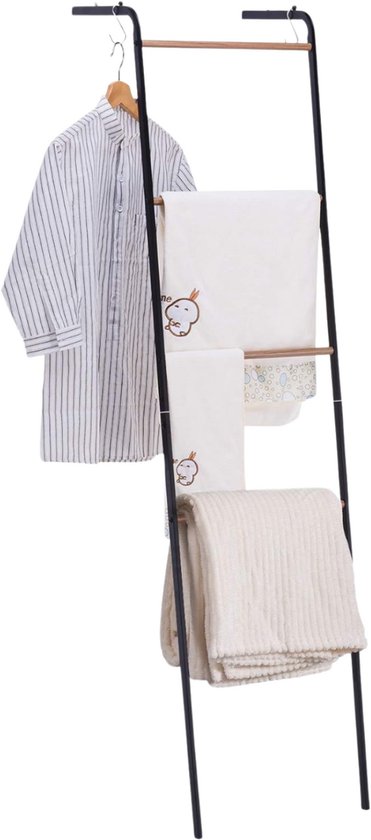 Cheqo® Porte-serviettes sur pied - Échelle décorative - Échelle à serviettes - Support mural - Porte-vêtements - Autonome - Métal Zwart et bois - 160 cm - Porte-échelle de salle de bain