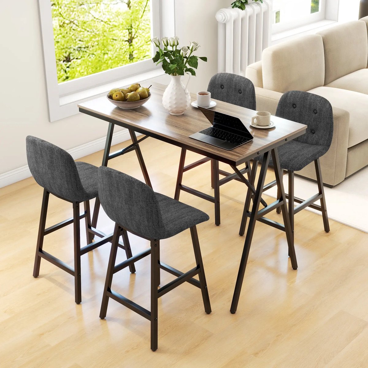 Pugsdrly Barset 5-delig, tafel en 4 stoelen, knoopstiksel, dikke vulling, linnenlook, donkergrijs
