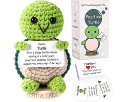 TOYMIS Positive Turtle Set, Crochet Turtle Doll with 30 Motivational Cards & Wooden Base Cute Knitted Animal Positive Gift for Friends Family Encouragement Decoration