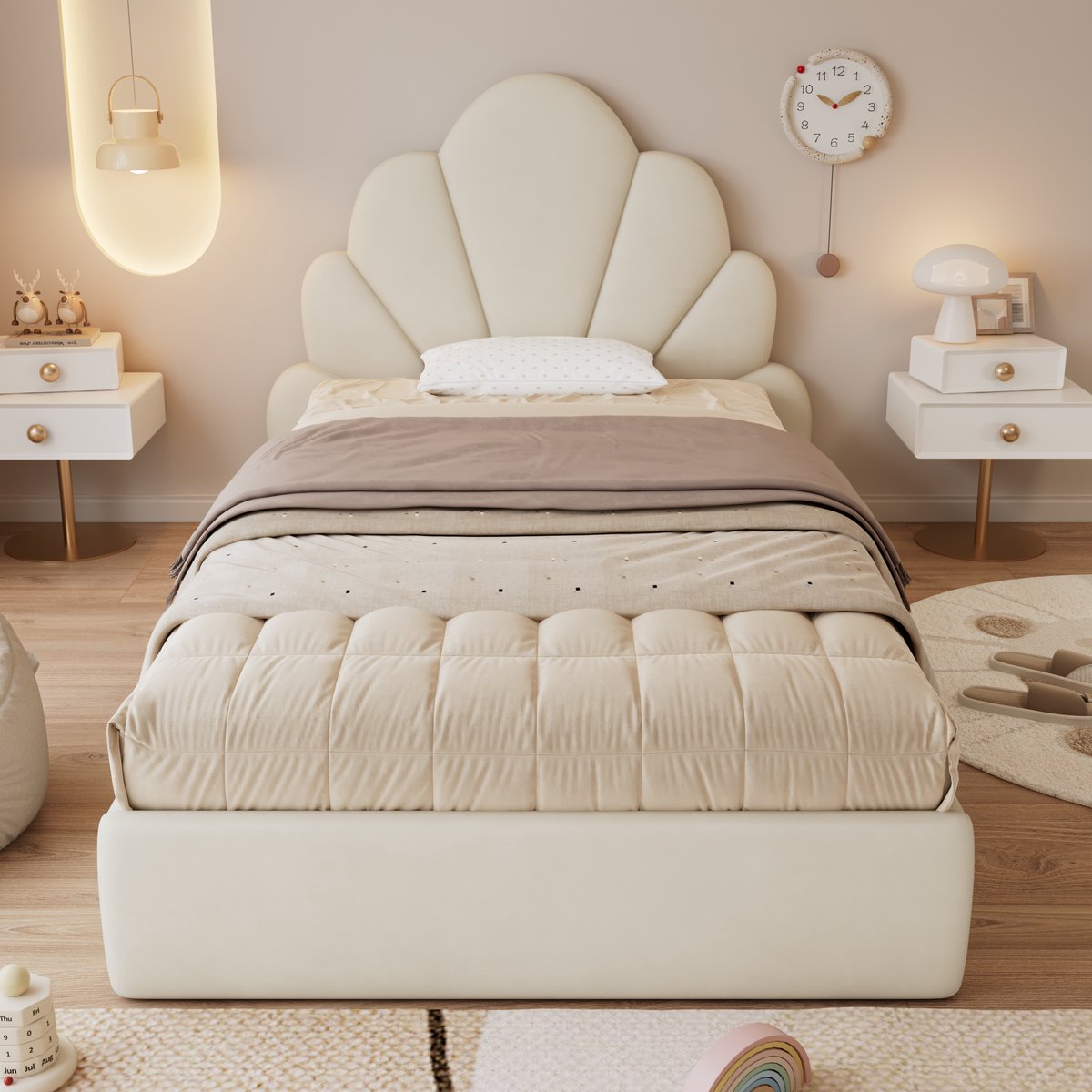 SINGULARITY Kinderbed - Bloembladontwerp - Fluweel - Beige - Zonder matras - Afmetingen: 90 x 200 cm