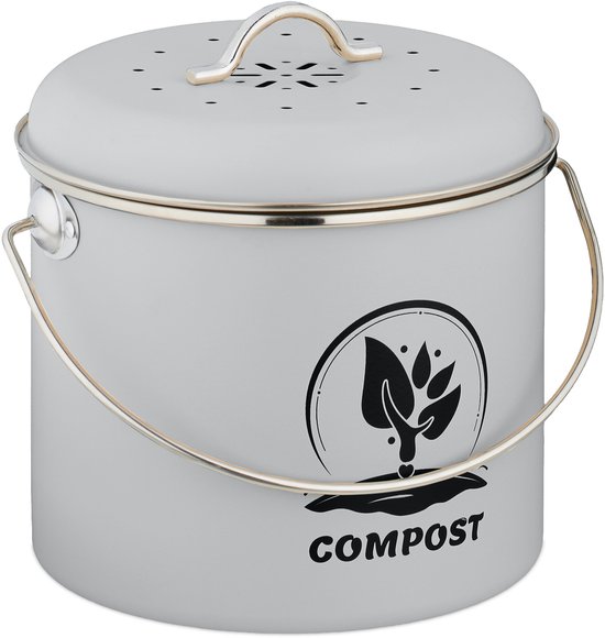 Poubelle à compost grise avec couvercle, poignée en fil et logo 'COMPOST' avec une plante.