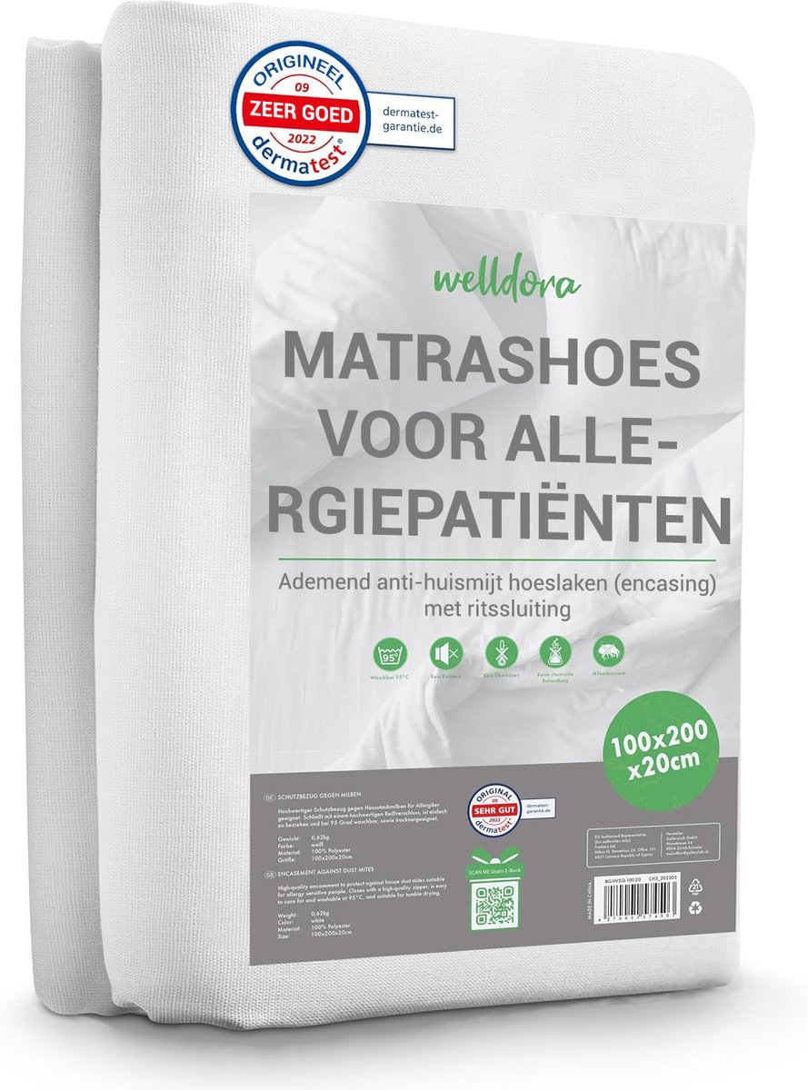 Welldora Premium Anti-Allergie Matrashoes 100x200x20 cm met Rits | Getest Encasing Tegen Huisstofmijt | Oeko-Tex Gecertificeerd | Matras Hoes Wasbaar tot 95°C | Voor Allergieën en gevoelige Huid | Anti-Mijt Beddengoed voor Matrasbescherming