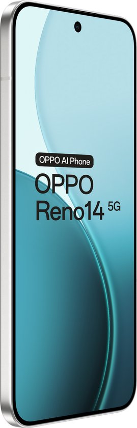 Vooraanzicht van een witte Oppo Reno14 5G telefoon met een scherm waarop het logo en de modelnaam staan.