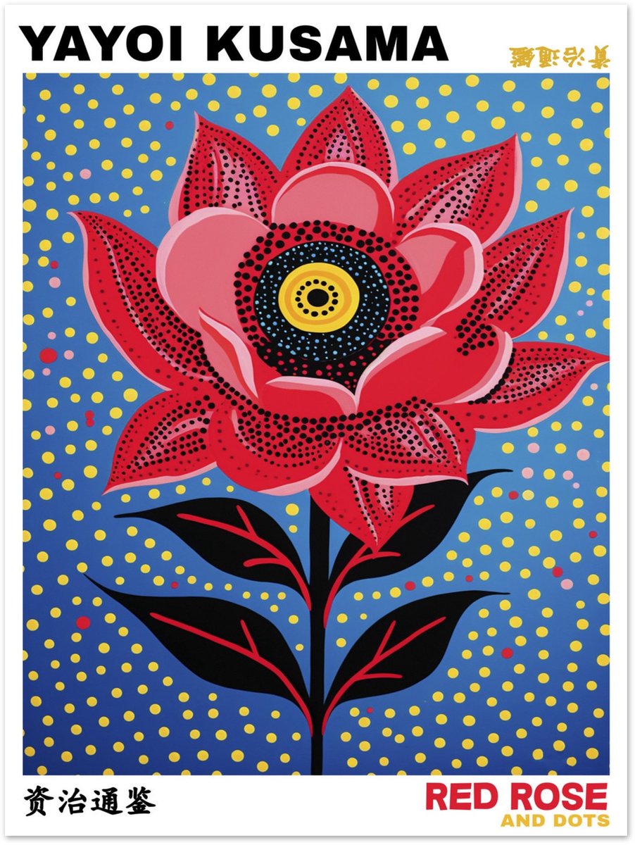 Yayoi Kusama - Red rose and dots Poster 30x40 cm - exclusief lijst