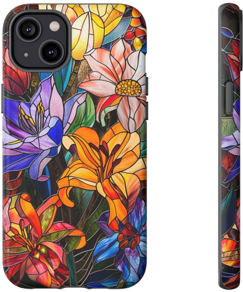 Levendig Gebloemd Glas-in-Lood Ontwerp – Telefoonhoesje Geschikt voor iPhone 14 Plus