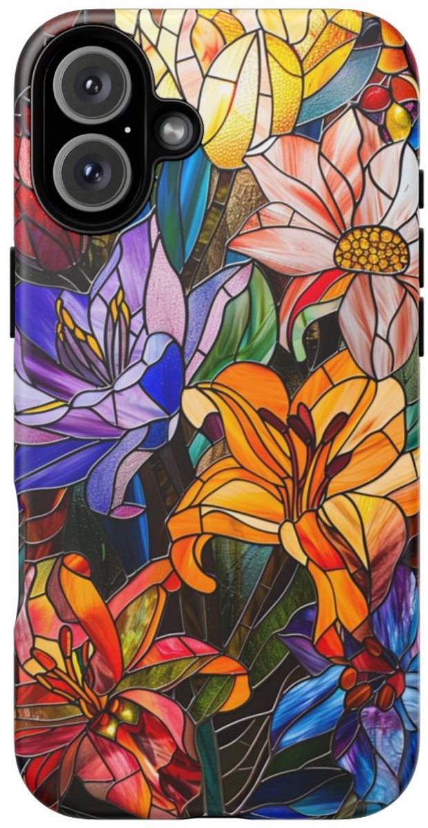 Levendig Gebloemd Glas-in-Lood Ontwerp – Telefoonhoesje Geschikt voor iPhone 16 Plus
