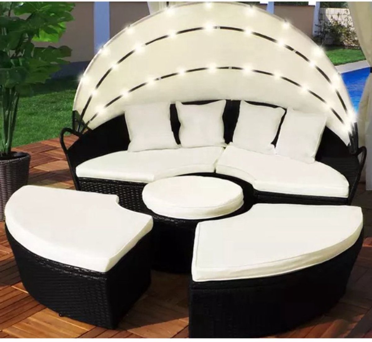 Yolo-deals - Polyrattan Lounge eiland met LED verlichting - Solar - 180cm - Inclusief kussens - UV bestendig - Zwart