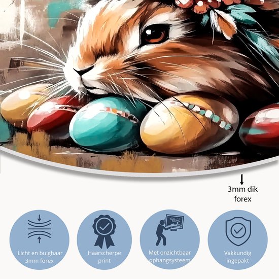 Konijn met eieren en bloemen - Konijn wandcirkel - Ronde wanddecoratie eieren - Expressionisme - Forex muurcirkel op maat - Kunst aan de muur - muurcirkel forex 40x40 cm