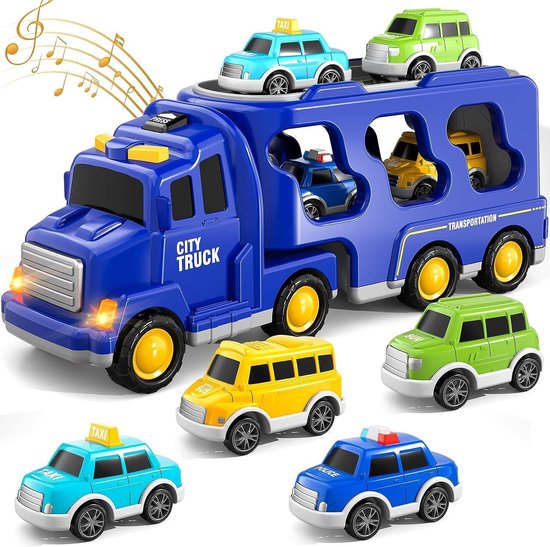 Speelgoed vrachtwagen 33cm met licht en geluid en vier kleine auto's - oplegger - speelgoed truck - donker blauw