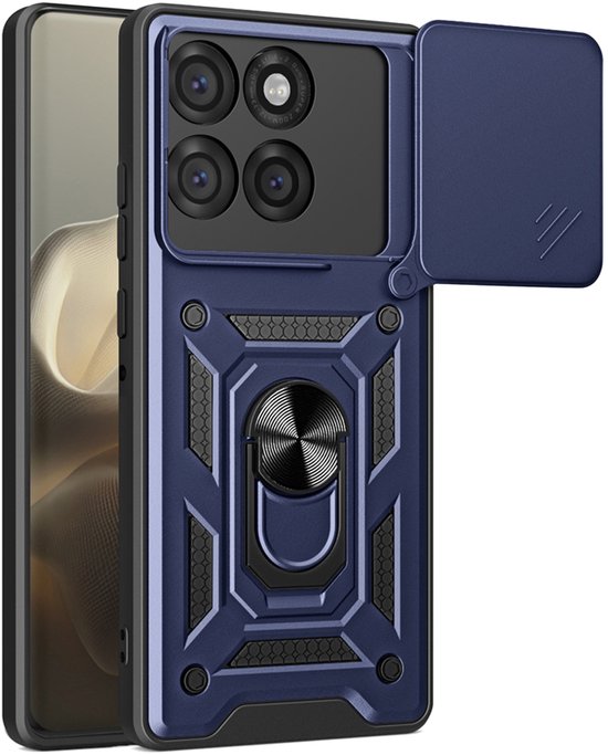 Donkerblauwe MobyDefend telefoonhoes met pantserlook, ringhouder en schuifdeksel voor cameralens.