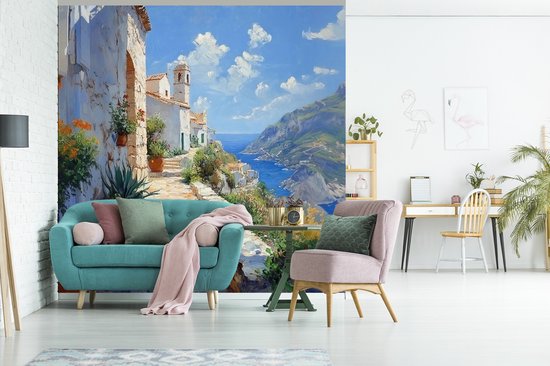 Behang - Fotobehang Trap - Huizen - Berglandschap - Zee - Breedte 240 cm x hoogte 240 cm