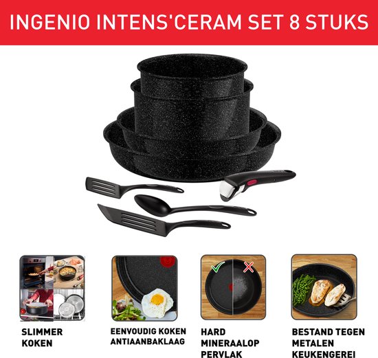 Zwarte, speckled "Ingenio Intens'Ceram Set 8 Stuks" pannenset met afneembare handgreep en drie keukenhulpen, met vier afbeeldingen die het gebruik demonstreren.