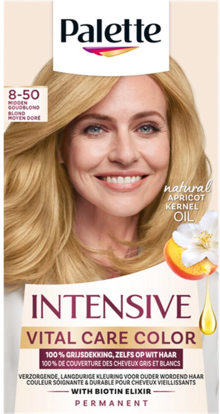 Palette Intensive Vital Care Color 8-50 Midden Goudblond. Met abrikozenpitolie en biotine elixir.