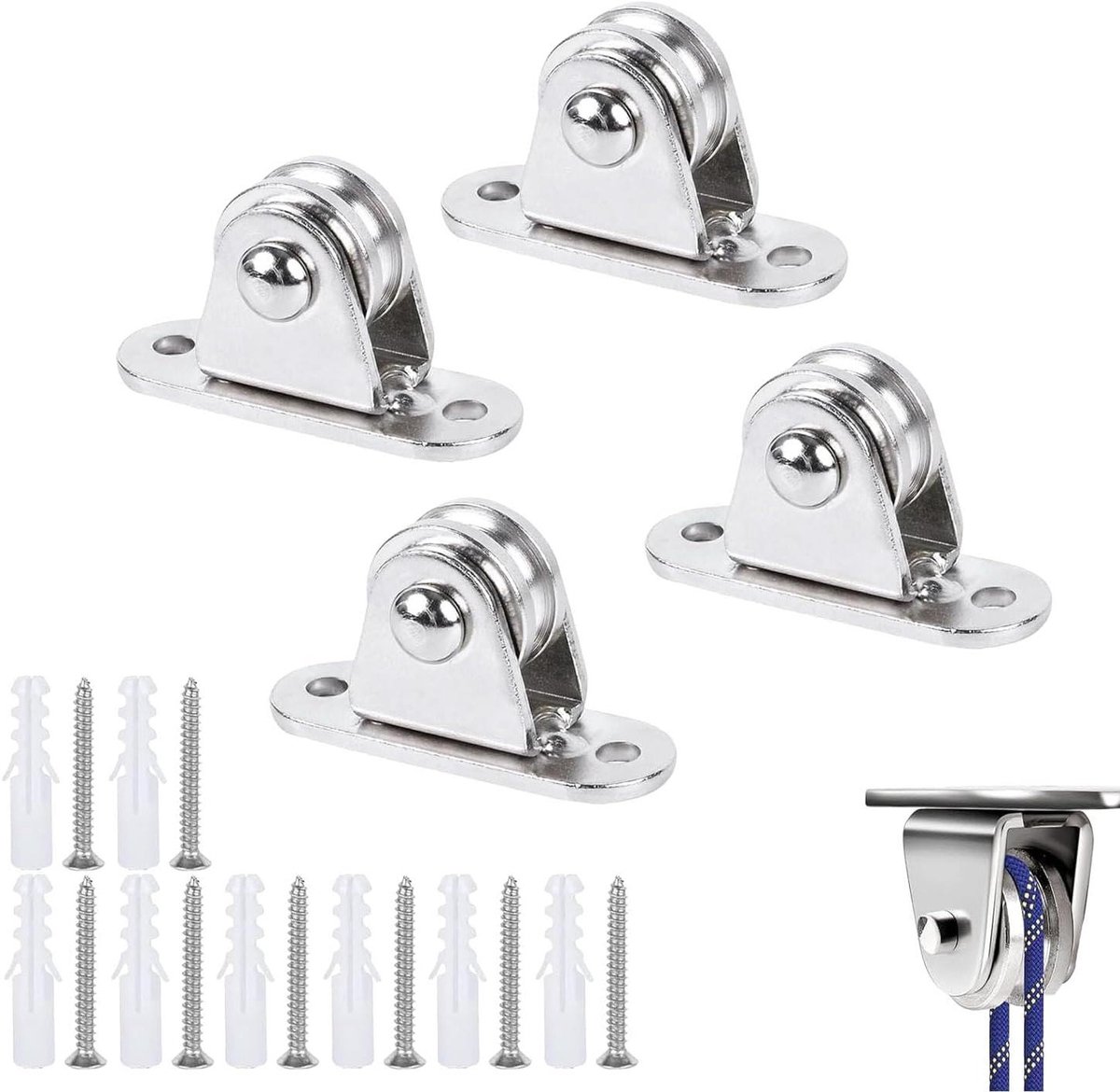 Allecto Plus - Metalen Katrollen Dubbele Lagers Rolkatrol met Kogellagers Stander-Blok Katrol Stander Blok Katrol voor Touwen met 8 Schroeven en 8 Witte Kunststof Hulzen (Set van 4)