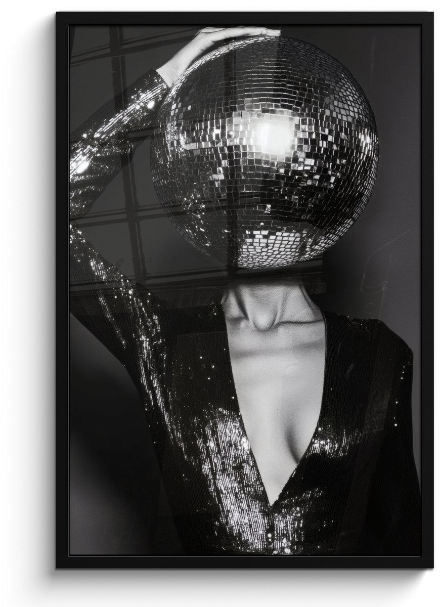 FrameYourWall Poster in lijst - Fotolijst 60x90 cm - Posters - Discobal - Gezicht - Glamour - Zwart - Posterlijst zwart - Decoratie - Wanddecoratie woonkamer - Muurdecoratie slaapkamer Discobal - Glamour